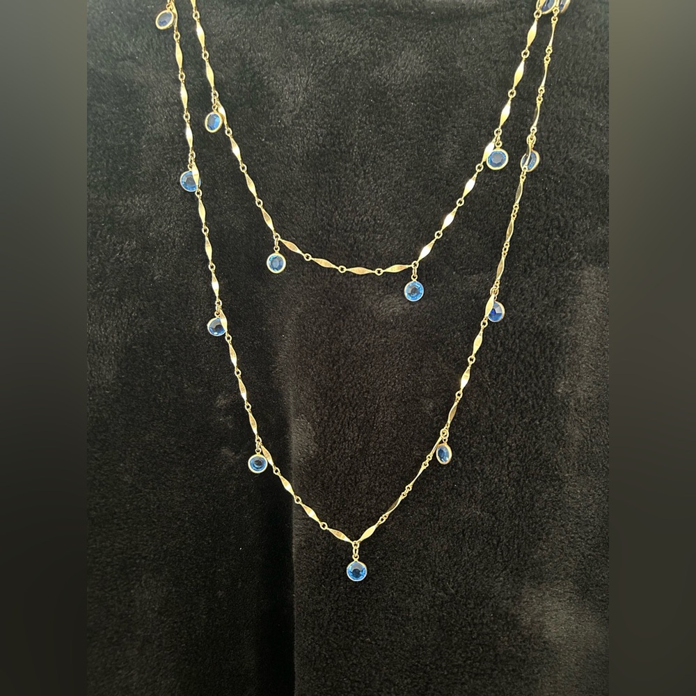 Elegant Gold tone and Blue Crystal Dangle Necklace